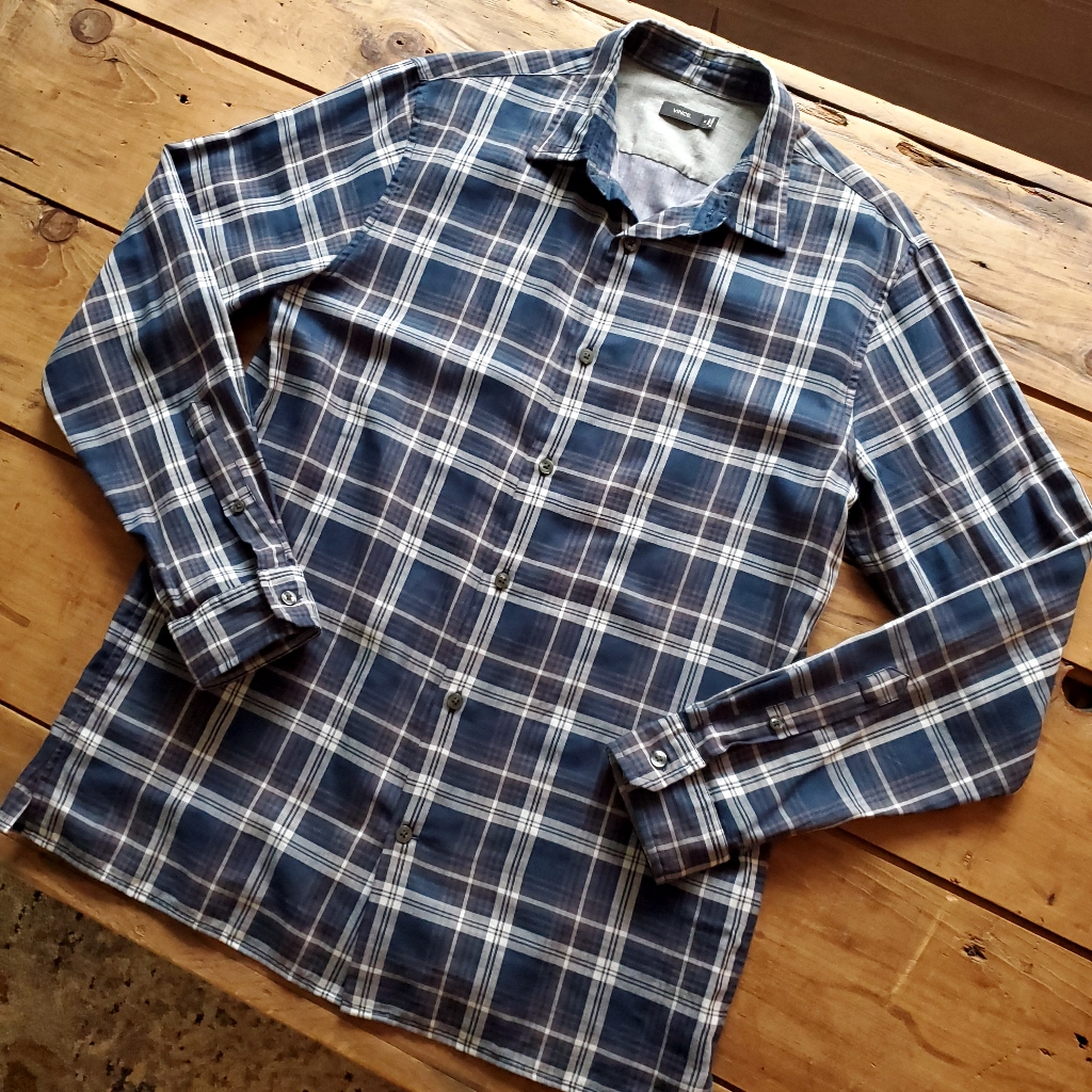 Vince Men's Button-Down Plaid Shirt Navy Blue Size Medium